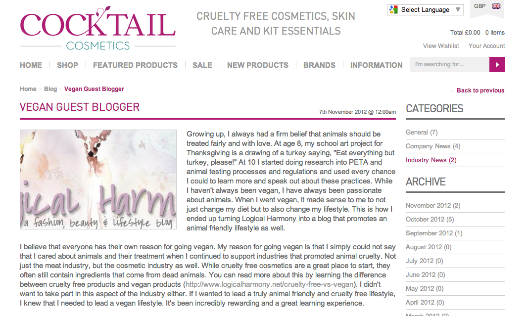 Logical Harmony featured on Cocktail Cosmetics for World Vegan Month
