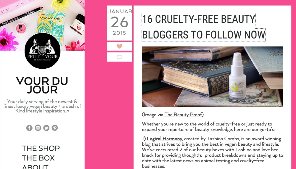 Logical Harmony Listed by Petit Vour in 16 Cruelty Free Bloggers to Follow Now
